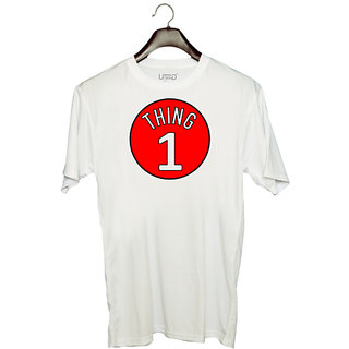                      UDNAG Unisex Round Neck Graphic 'Thing | Thing 1' Polyester T-Shirt White                                              