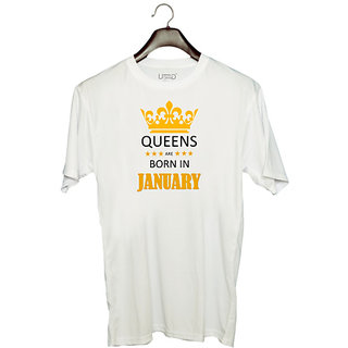                       UDNAG Unisex Round Neck Graphic 'Birthday | Queens are born in January' Polyester T-Shirt White                                              