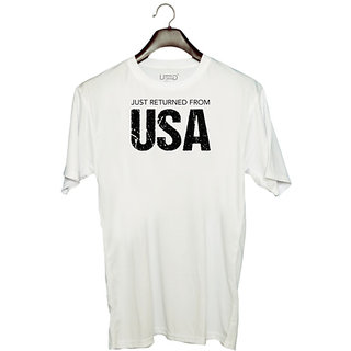                       UDNAG Unisex Round Neck Graphic 'USA | Just Returned from USA' Polyester T-Shirt White                                              