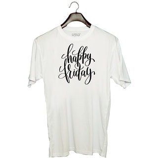                       UDNAG Unisex Round Neck Graphic 'Happy Friday' Polyester T-Shirt White                                              