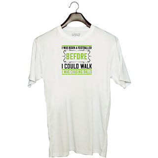                       UDNAG Unisex Round Neck Graphic 'Walking | I was born a footballer before i could walk' Polyester T-Shirt White                                              