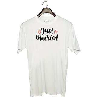                       UDNAG Unisex Round Neck Graphic 'Love | Just Married' Polyester T-Shirt White                                              