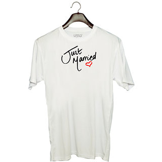                       UDNAG Unisex Round Neck Graphic 'Couple | Just Married Love' Polyester T-Shirt White                                              