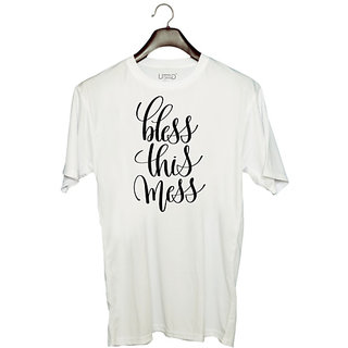                       UDNAG Unisex Round Neck Graphic 'Bless this mess' Polyester T-Shirt White                                              
