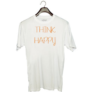                       UDNAG Unisex Round Neck Graphic 'Think Happy' Polyester T-Shirt White                                              