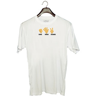                       UDNAG Unisex Round Neck Graphic 'Stone Paper Scissor' Polyester T-Shirt White                                              