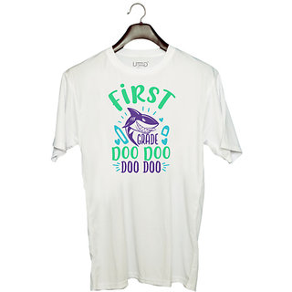                       UDNAG Unisex Round Neck Graphic 'Shark | 1st grade doo doo' Polyester T-Shirt White                                              
