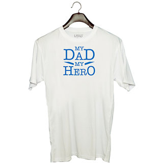                       UDNAG Unisex Round Neck Graphic 'Dad son | My Dad my hero' Polyester T-Shirt White                                              