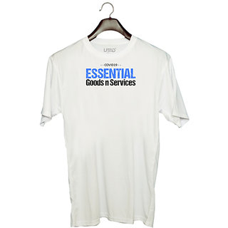                       UDNAG Unisex Round Neck Graphic 'Covid | Essential goods and services' Polyester T-Shirt White                                              