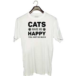                       UDNAG Unisex Round Neck Graphic 'Cat | Cats Make Me' Polyester T-Shirt White                                              