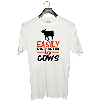                       UDNAG Unisex Round Neck Graphic 'Cows | easily distracted by cows' Polyester T-Shirt White                                              