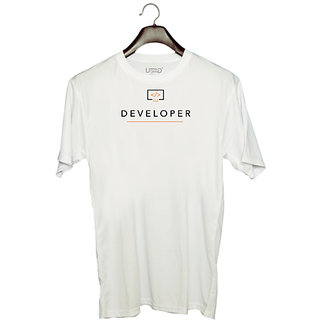                       UDNAG Unisex Round Neck Graphic 'Coder | Developer' Polyester T-Shirt White                                              