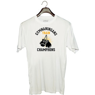                       UDNAG Unisex Round Neck Graphic 'Gym | gymnaningans train champhons' Polyester T-Shirt White                                              
