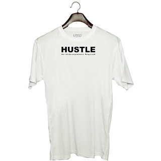                       UDNAG Unisex Round Neck Graphic 'Hustle | No Understatment Required' Polyester T-Shirt White                                              
