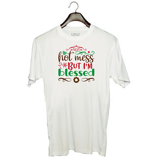                      UDNAG Unisex Round Neck Graphic 'hot mess but i'm blessed' Polyester T-Shirt White                                              