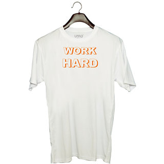                       UDNAG Unisex Round Neck Graphic 'Work Hard' Polyester T-Shirt White                                              