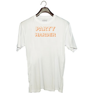                       UDNAG Unisex Round Neck Graphic 'Party Harder' Polyester T-Shirt White                                              