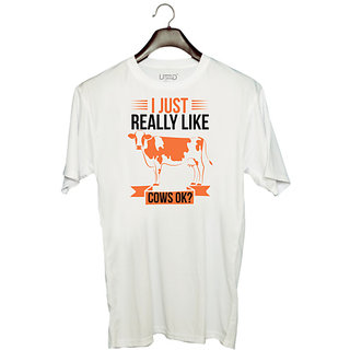                       UDNAG Unisex Round Neck Graphic 'Cow | i just really like cows ok' Polyester T-Shirt White                                              