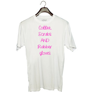                       UDNAG Unisex Round Neck Graphic 'Nurse | Coffee scrubs and rubber gloves' Polyester T-Shirt White                                              