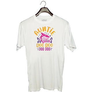                       UDNAG Unisex Round Neck Graphic 'Auntie | Auntie shark doo doo' Polyester T-Shirt White                                              