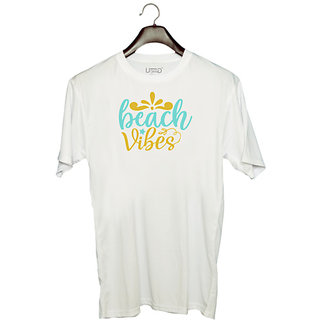                       UDNAG Unisex Round Neck Graphic 'Beach | BEACH VIBES' Polyester T-Shirt White                                              