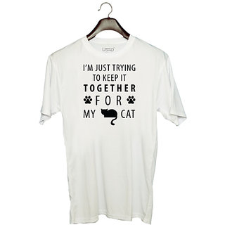                       UDNAG Unisex Round Neck Graphic 'Cat | I'm Just Trying' Polyester T-Shirt White                                              