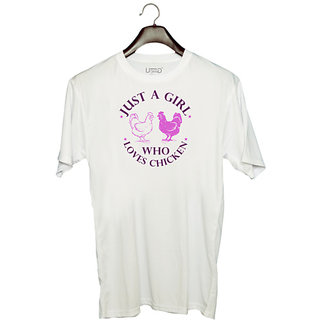                       UDNAG Unisex Round Neck Graphic 'Chicken | just a girl who loves chicken' Polyester T-Shirt White                                              