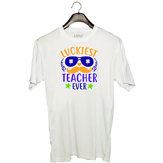                       UDNAG Unisex Round Neck Graphic 'School | LUCKIEST teacher ever' Polyester T-Shirt White                                              