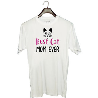                       UDNAG Unisex Round Neck Graphic 'Mom | Best cat' Polyester T-Shirt White                                              