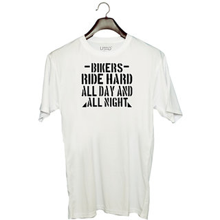                      UDNAG Unisex Round Neck Graphic 'Rider | Bikers Ride Hard All Day And All Night' Polyester T-Shirt White                                              