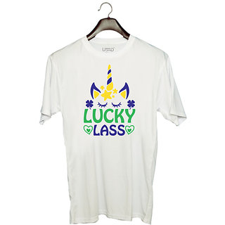                       UDNAG Unisex Round Neck Graphic 'Lucky | lucy lass' Polyester T-Shirt White                                              