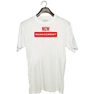                       UDNAG Unisex Round Neck Graphic 'Couple | New Management' Polyester T-Shirt White                                              