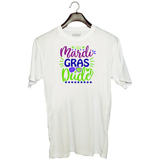                       UDNAG Unisex Round Neck Graphic 'Dude | Mardi gras dude' Polyester T-Shirt White                                              