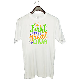                       UDNAG Unisex Round Neck Graphic 'Teacher | first grade diva' Polyester T-Shirt White                                              