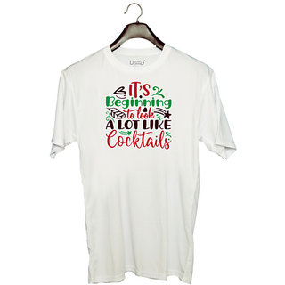                       UDNAG Unisex Round Neck Graphic 'Cocktail | it's beginning to look a lot like cocktails' Polyester T-Shirt White                                              