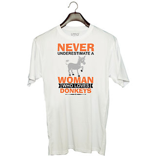                       UDNAG Unisex Round Neck Graphic 'Donkey | never underestimate a woman who loves donkeys' Polyester T-Shirt White                                              