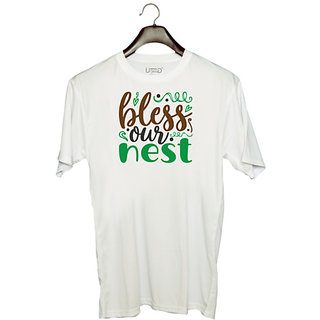                       UDNAG Unisex Round Neck Graphic 'Nest | blese our nest' Polyester T-Shirt White                                              