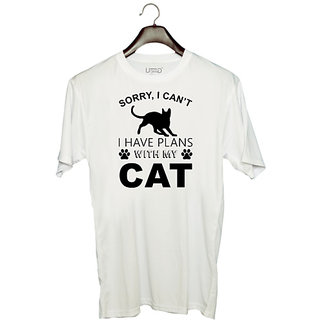                       UDNAG Unisex Round Neck Graphic 'Cat | Sorry I Can't' Polyester T-Shirt White                                              