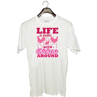                       UDNAG Unisex Round Neck Graphic 'Chicken | Life is better' Polyester T-Shirt White                                              