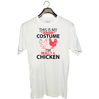                       UDNAG Unisex Round Neck Graphic 'Chicken | this is human costume i'm really a chicken' Polyester T-Shirt White                                              