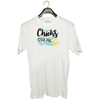                       UDNAG Unisex Round Neck Graphic 'Chicks | chicks dig me' Polyester T-Shirt White                                              