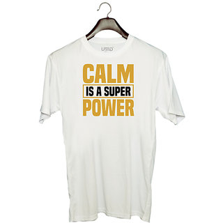                       UDNAG Unisex Round Neck Graphic 'Power | Calm is a' Polyester T-Shirt White                                              