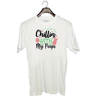                       UDNAG Unisex Round Neck Graphic 'Peeps | chillin with my peeps' Polyester T-Shirt White                                              
