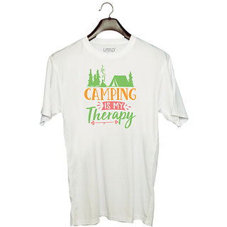                       UDNAG Unisex Round Neck Graphic 'Camp | camping is my therapy' Polyester T-Shirt White                                              