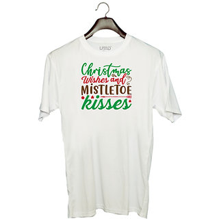                       UDNAG Unisex Round Neck Graphic 'Christmas Santa | christmas wishes and mistletoe kisses' Polyester T-Shirt White                                              