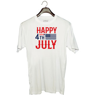                       UDNAG Unisex Round Neck Graphic 'American Day | Happy 4th july' Polyester T-Shirt White                                              