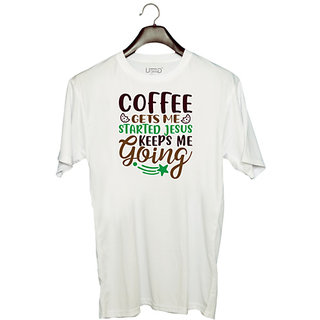                       UDNAG Unisex Round Neck Graphic 'Coffee | coffee gets me started' Polyester T-Shirt White                                              