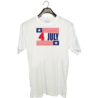                       UDNAG Unisex Round Neck Graphic 'American Independance Day | Happy 4th july' Polyester T-Shirt White                                              