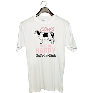                       UDNAG Unisex Round Neck Graphic 'Cows Make me Happy You Not So much' Polyester T-Shirt White                                              