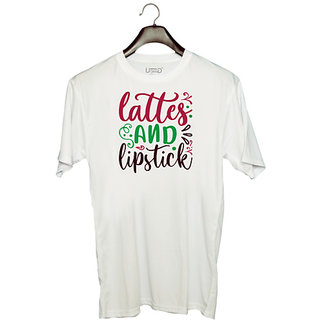                       UDNAG Unisex Round Neck Graphic 'lattes and lipstick' Polyester T-Shirt White                                              